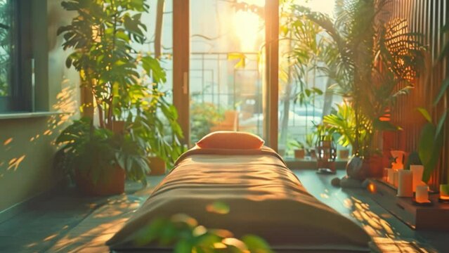 Spa room inside a stylish room with massage table in a spa salon. Professional massage room with towels neatly placed on the bed