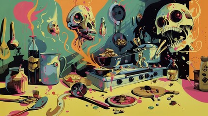 The image shows a kitchen with a skull on the counter, next to a stove, and a bunch of bones on the floor. The image is very colorful and has a surreal feel to it.