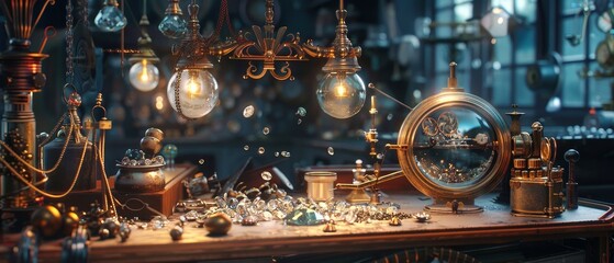 The photo shows a cluttered workbench with various steampunk accessories.