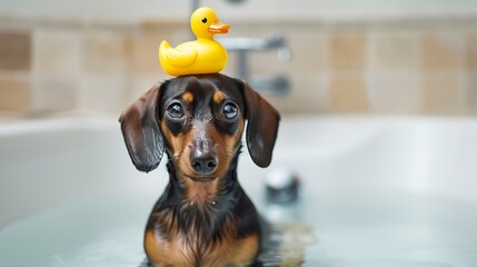 Dog puppy dachshund sitting in bathtub with yellow plastic duck on her head - Powered by Adobe
