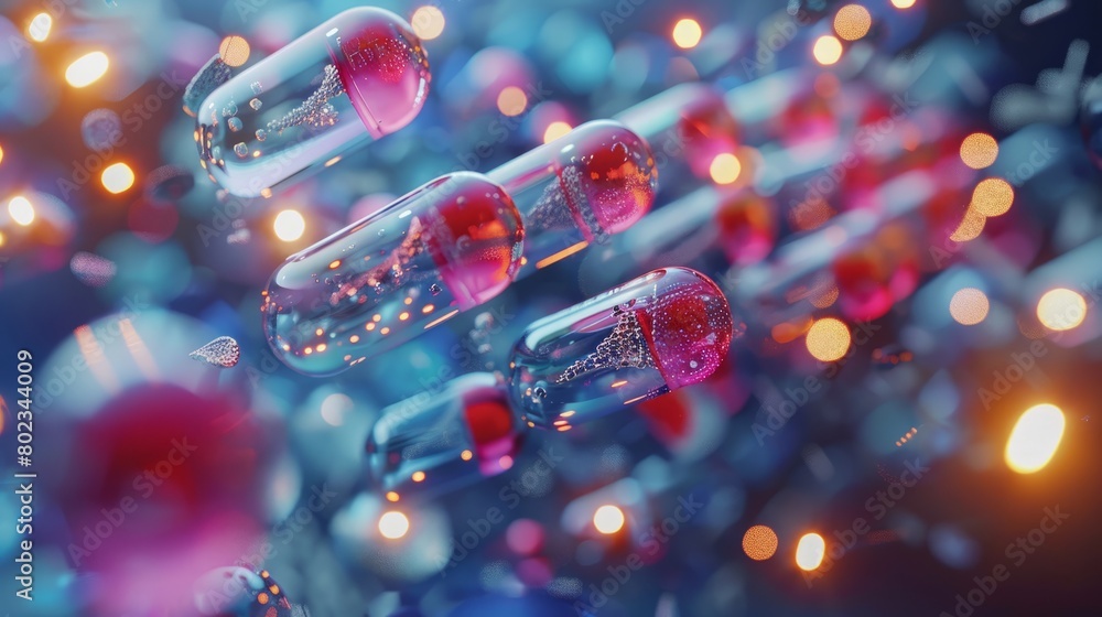 Poster a colorful image of pills floating in a blue background. the pills are in different shapes and sizes