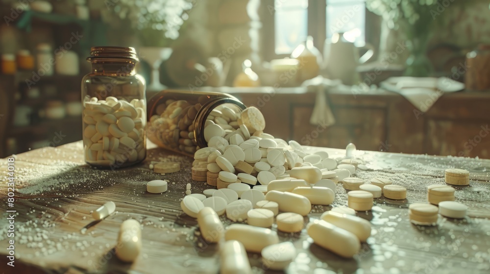 Poster a bottle of pills is on a table with many pills scattered around it. the scene has a somewhat clutte