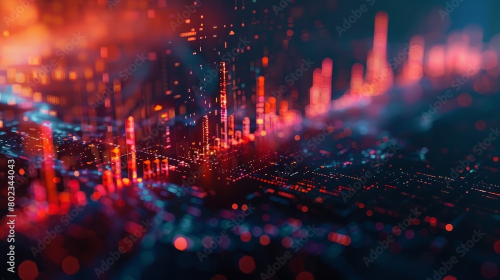 Poster a blurry image of a cityscape with red and blue lines. the image is abstract and has a futuristic fe