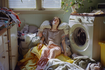 a tired woman near a pile of dirty laundry and a washing machine