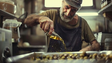 A man makes olive oil from olives