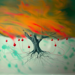 AI generated illustration of an apple tree adorned with red fruit