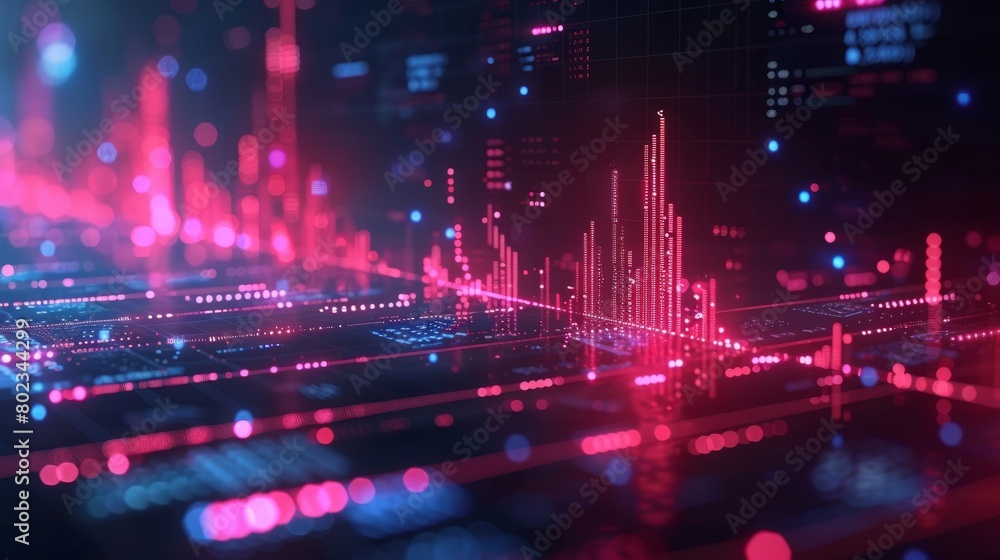 Poster a computer generated image of a city with red and blue lines. the image is abstract and has a futuri