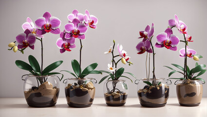  six orchid plants in glass containers with purple flowers.