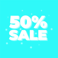 Sale discount 50 percent banner on blue background with dots and Glitch effect .Social media post design.Vector illustration.50 percent off special deal coupon flyer or poster.