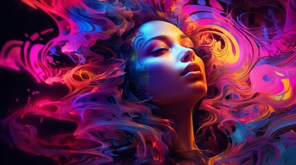 portrait of a woman's face, rendered in vibrant, swirling colors