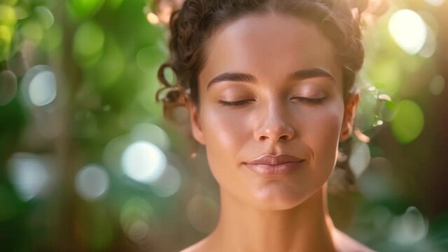 A woman with her eyes closed enjoying the fresh air and sunlight. A calm expression. A backlit portrait with natural bokeh.