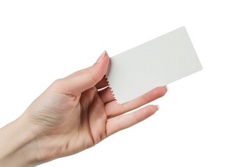 Fototapeta premium Hand holding a blank ticket isolated on white background. Concept of event admission or reservation. 