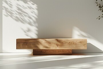 Minimalistic wooden bench on the white wall,   rendering