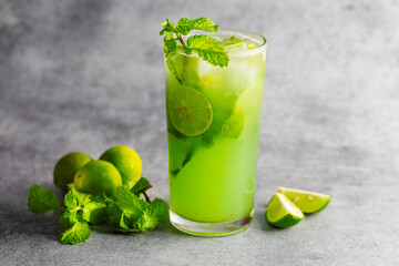 selective focus of Mint Mojito with grey background. 