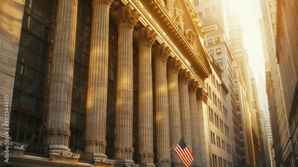 Poster a large building with columns and a flag flying in front of it