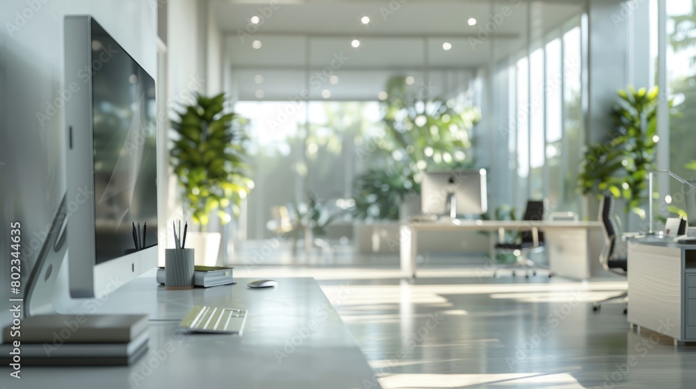 Poster a large open office space with a large monitor on the left side of the room. there are several potte