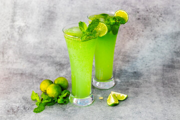 selective focus of Mint Mojito with grey background. 