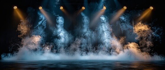 A dramatic smokefilled stage lit by spotlights designed in a vintage movie theater style against a black background to evoke nostalgia and drama.