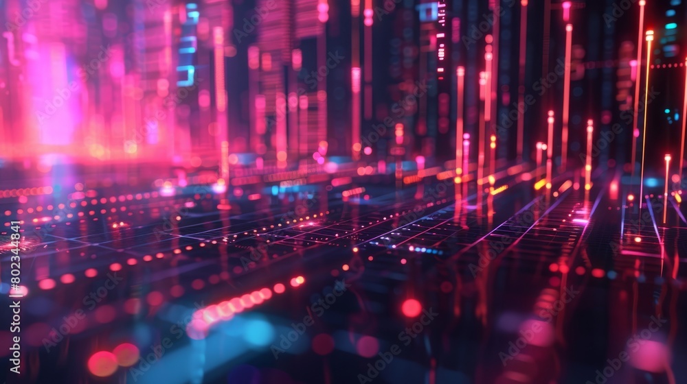 Poster a computer generated image of a cityscape with bright lights and neon colors. the image is abstract 