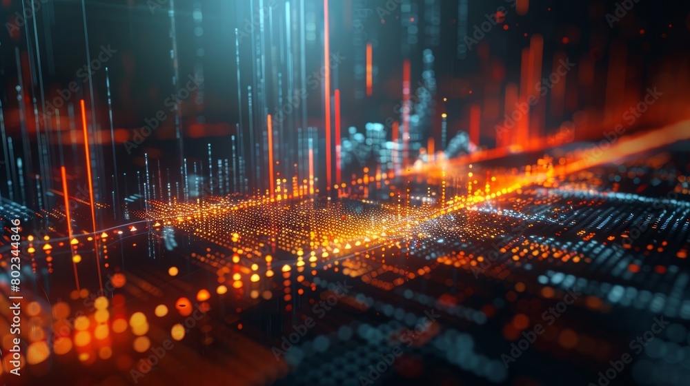 Poster a computer generated image of a cityscape with orange and blue lights. the image is abstract and has