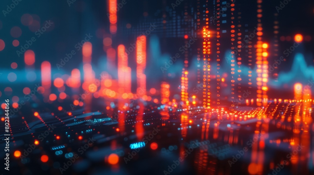 Poster a computer generated image of a cityscape with a lot of red and blue lights. the image has a futuris