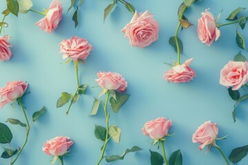 pink roses pattern on a light blue background, valentines day, mothers Day, women's Day concept, flat lay, top view, copy space