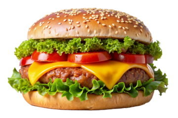 Isolated Burger: A mouth-watering burger isolated on a transparent background, featuring a juicy patty, fresh lettuce, ripe tomato, and melted cheese, ideal for fast-food menus and burger joint
