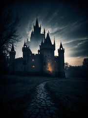 Haunting image of a sinister castle cloaked in shadows, evoking an aura of mystery.
