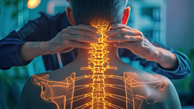 A male orthopedist is examining the spine of a male patient who has back pain and spinal inflammation. Male patient during cervical spine examination by physical therapist