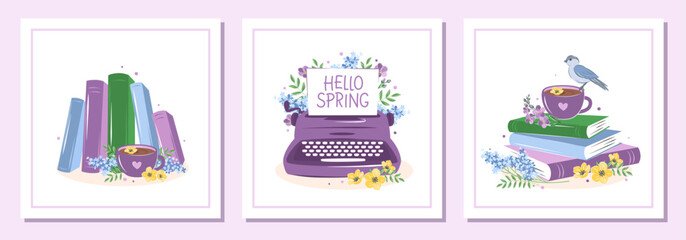 Books with spring flowers. Set of layout design for bookshop, library, bookstore, festival or education. Vector illustration