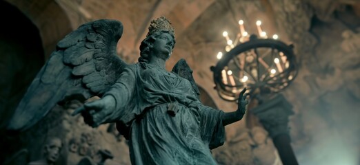 Obraz premium Mystical Angel: Chandelier Bearer in Ancient Castle Shadows