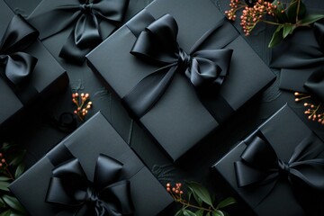 Black gift boxes with black satin bows and flowers on black background