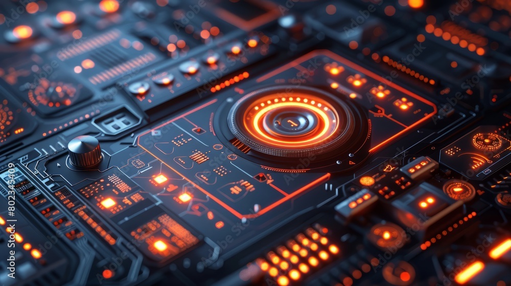 Poster a close up of a circuit board with many glowing lights. the board is orange and he is a part of a co