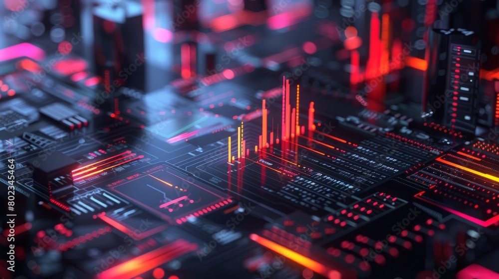 Poster a computer chip with red and blue lines on it