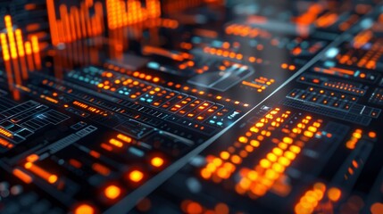 Obraz premium A close up of a computer screen with many orange lights. Concept of technology and complexity, with the many lights representing the many components of a computer system