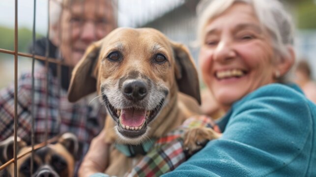 A group of enthusiastic seniors volunteering at a local animal shelter, giving back to their community
