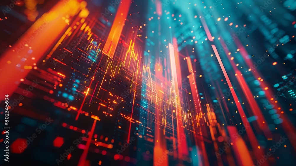 Poster a colorful image of a cityscape with red, blue, and yellow lines. the image is abstract and has a fu