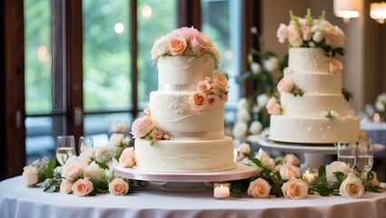 A lovely wedding cake decorated for the wedding party in the reception area. Lovely cakes for dessert and floral arrangements in the gathering space.