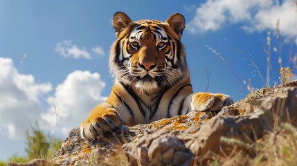 Low angle view of a solitary adult tiger with his face and paws visible looking at the camera from...