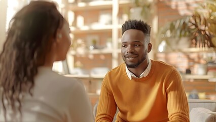 A young businessman discussing mental health with a therapist in an office. Concept Lifestyle, Mental Health, Counseling, Office Setting, Professional Communication