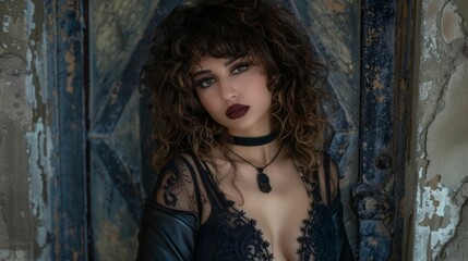 Fototapeta premium Adult Persian Woman with Brown Curly Hair Goth style Illustration.