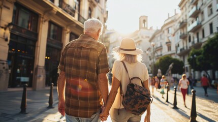 A senior couple exploring a new city together, hand-in-hand, embracing new experiences
