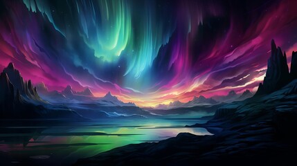 a vibrant aurora borealis over a mountainous landscape