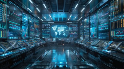 A computer room with many monitors and a large screen showing a map of the world. The room is filled with technology and the atmosphere is futuristic and high-tech