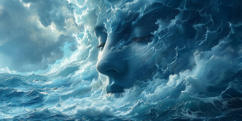 Personified ocean waves depicting mood and mental states. Concept of meteorological effects on mental health. Design for mental health awareness posters