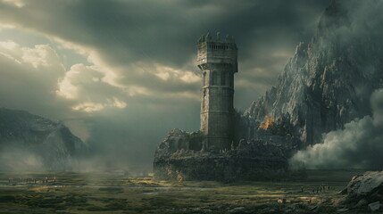 A lone castle tower stands defiant against the onslaught of the enemy horde