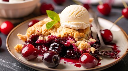 Plate of Homemade Cherry Cobbler with Ice Cream