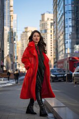Crimson Elegance: Woman Embracing the Sidewalk