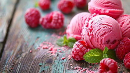 scoop of pink cold sweet ice cream or sorbet made with juicy red berries