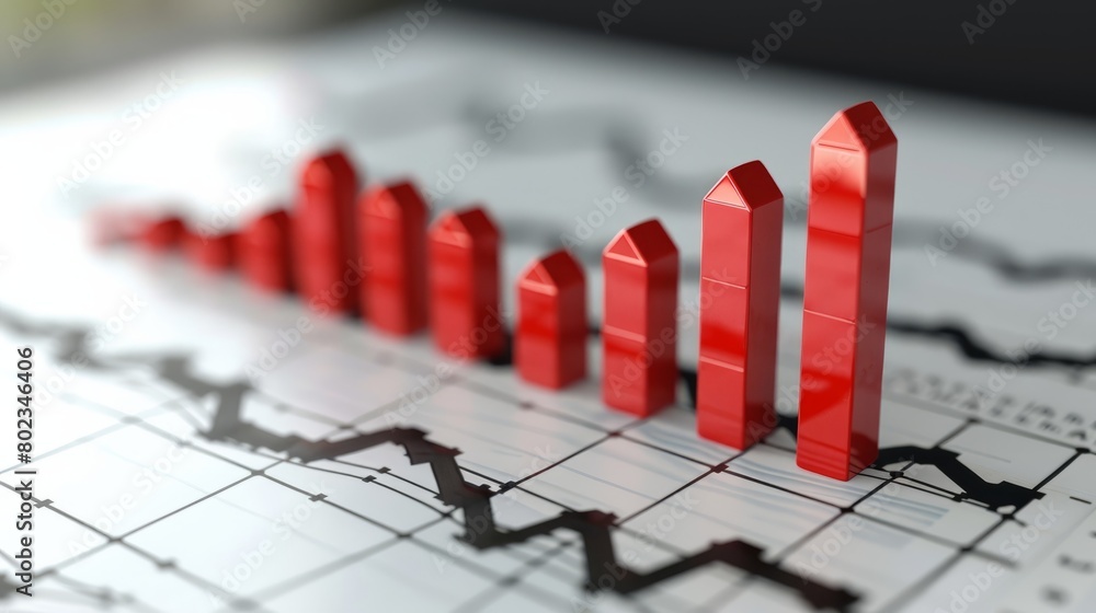 Poster a 3d illustration of a bar graph with red bars of varying heights on a grid background.